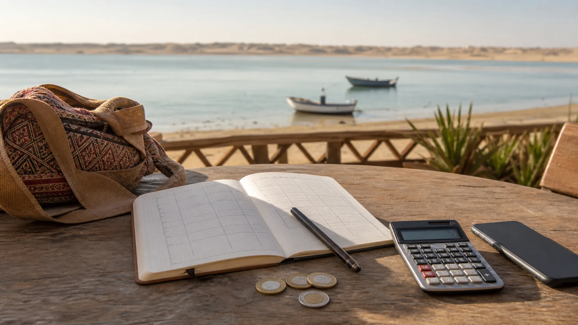 Carnet de budget de voyage posé face à la lagune de Dakhla