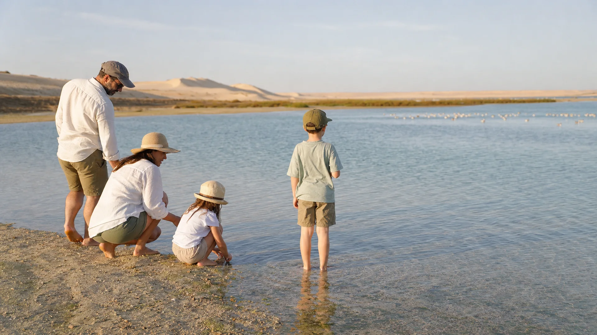 Famille avec enfants observant la lagune de Dakhla depuis une plage calme