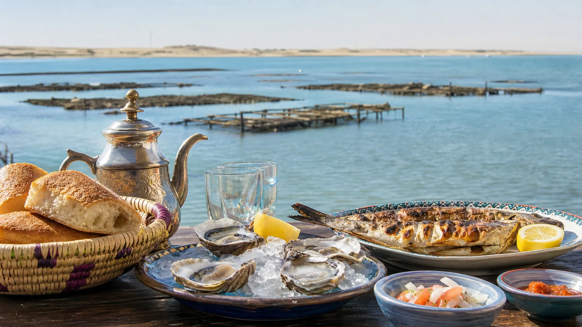 Assiette d’huîtres et de poisson frais servie face à la baie de Dakhla