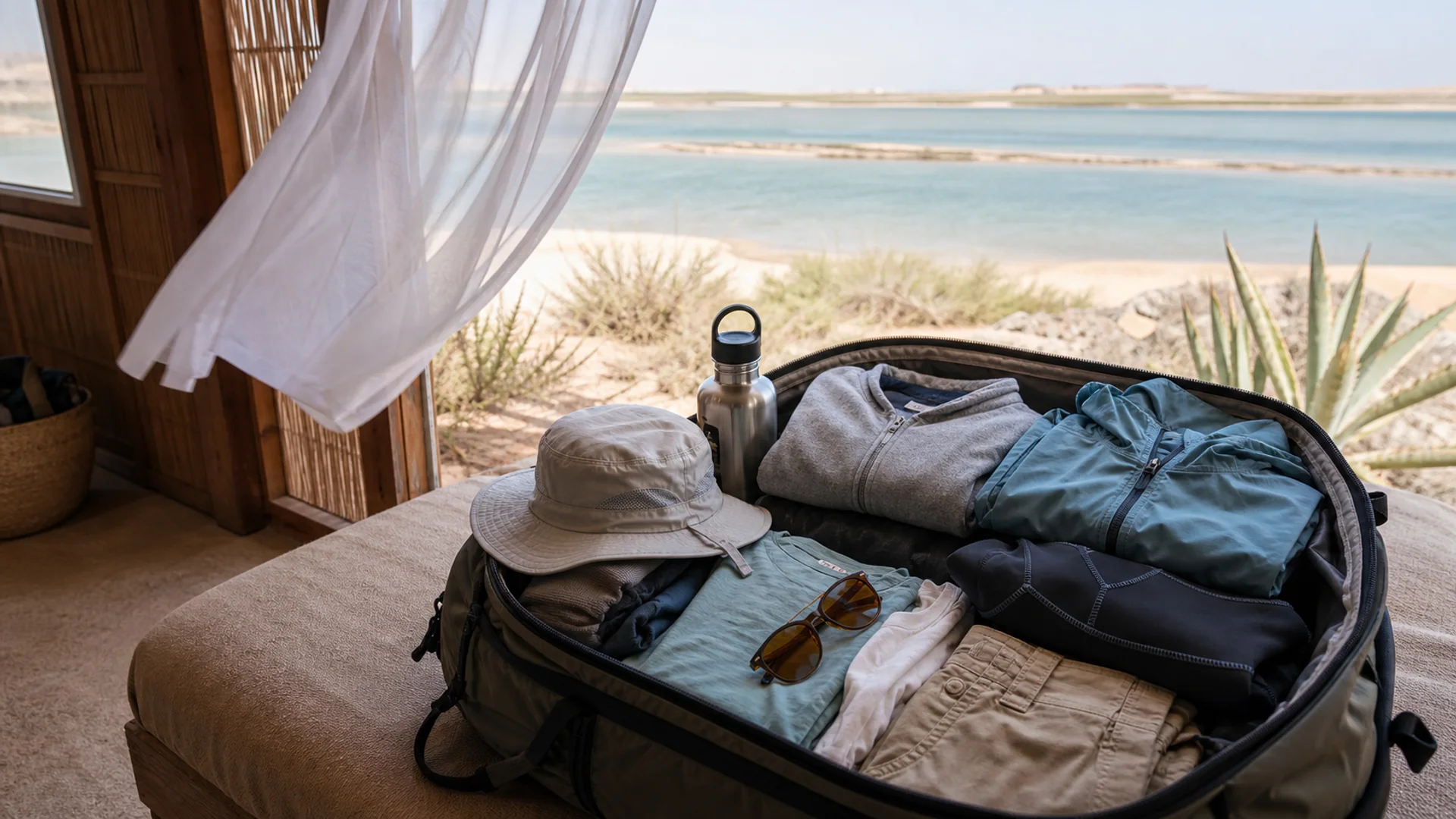 Voyageurs préparant des vêtements coupe-vent face à la lagune de Dakhla en septembre