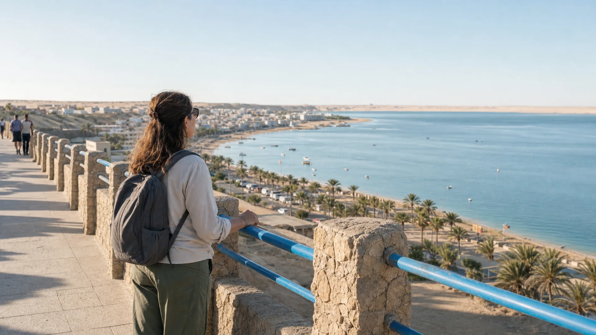 Voyageuse seule contemplant la baie de Dakhla depuis un point de vue fréquenté